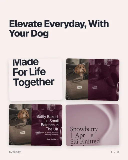 Carousel for By Teddy: "Elevate Everyday, With Your Dog". Collection carousel, 8 slides, light palette.