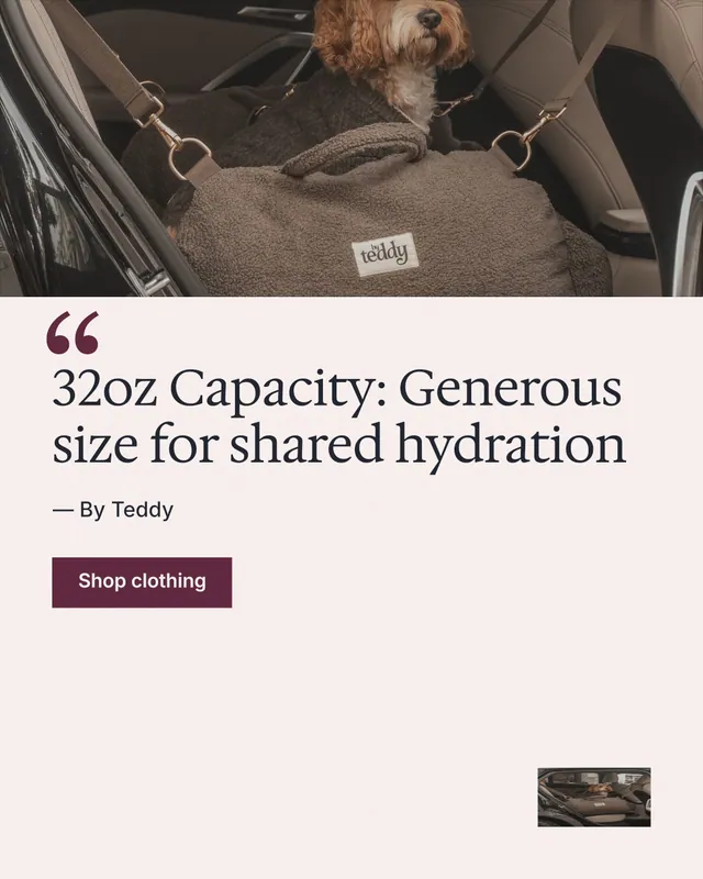 Instagram portrait post for By Teddy: "32oz Capacity: Generous size for shared hydration". Swiss style, quote layout, light palette in white, black, grey.