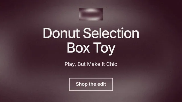 Landscape graphic for By Teddy: "Donut Selection Box Toy". Cyanotype style, centred layout, dark palette in grey, red.