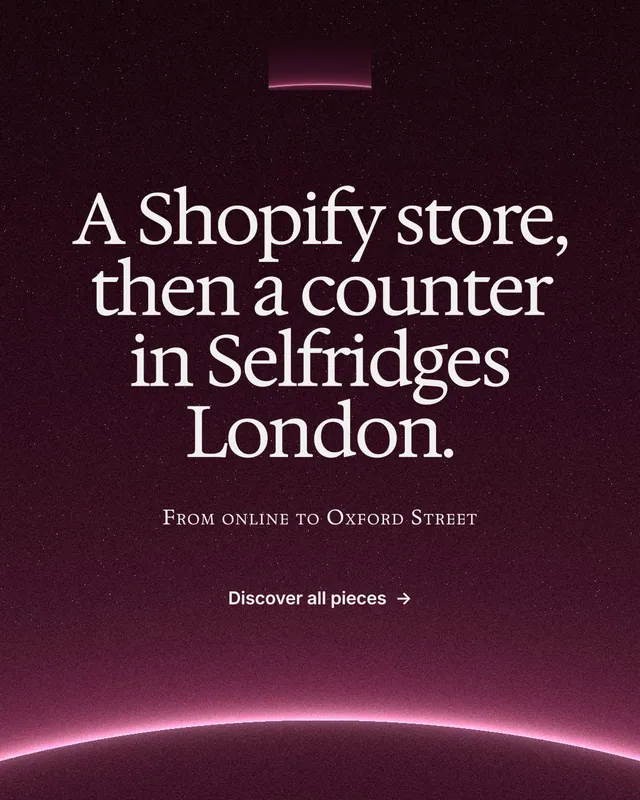 Instagram portrait post for By Teddy: "A Shopify store, then a counter in Selfridges London." Swiss style, smallcaps layout, dark palette in black, pink, grey.