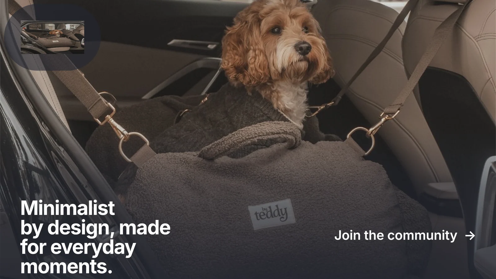 Landscape graphic for By Teddy: "Minimalist by design, made for everyday moments." Swiss style, image led layout, dark palette in grey, black.