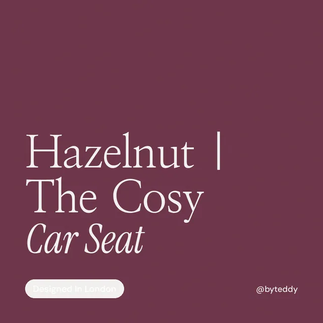Instagram post for By Teddy: "Hazelnut | The Cosy Car Seat". Caption style, technique:mixed type lockup layout, dark palette in red, grey.