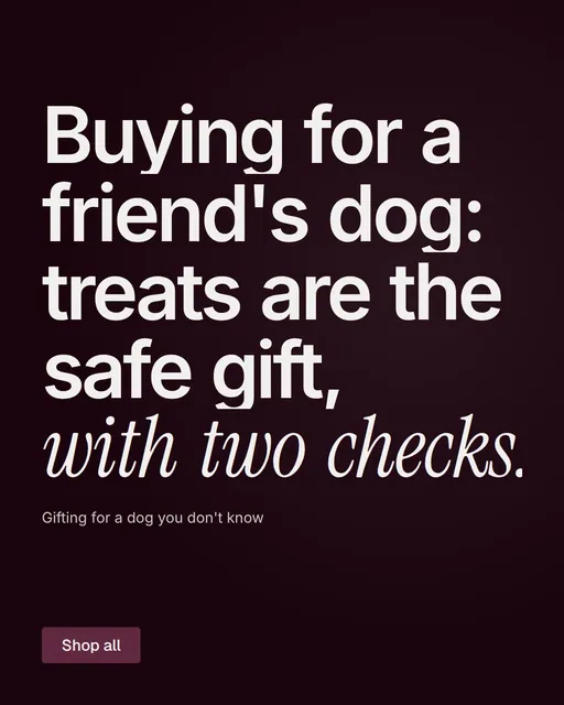 Video for By Teddy: "Buying for a friend's dog: treats are the safe gift, with two checks.". Kinetic type grid, 8.0 s, dark palette.