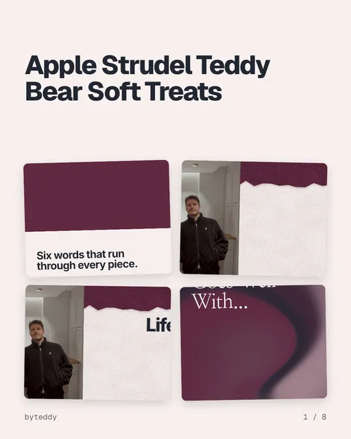 Carousel for By Teddy: "Apple Strudel Teddy Bear Soft Treats". Collection carousel, 8 slides, light palette.