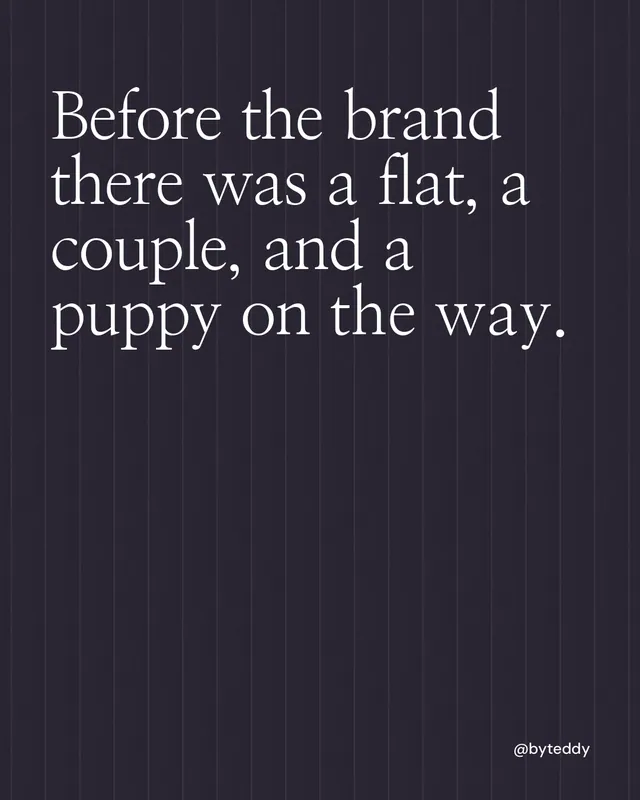 Instagram portrait post for By Teddy: "Before the brand there was a flat, a couple, and a puppy on the way." Auto 4x5 style, technique:shader field layout, dark palette in black, grey.