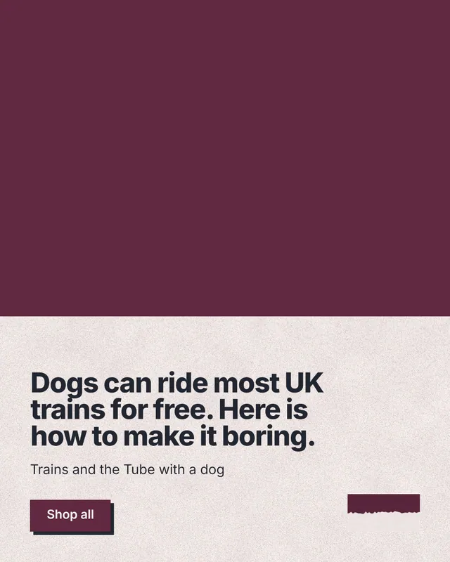 Instagram portrait post for By Teddy: "Dogs can ride most UK trains for free. Here is how to make it boring." Paper trio style, bottom layout, light palette in red, orange, grey.