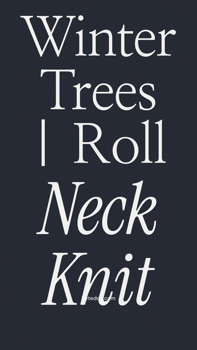 Instagram story for By Teddy: "Winter Trees | Roll Neck Knit". Poster style, technique:mixed type lockup layout, dark palette in black, grey.