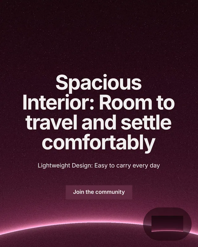 Instagram portrait post for By Teddy: "Spacious Interior: Room to travel and settle comfortably". Swiss style, centred layout, dark palette in pink, black, grey.