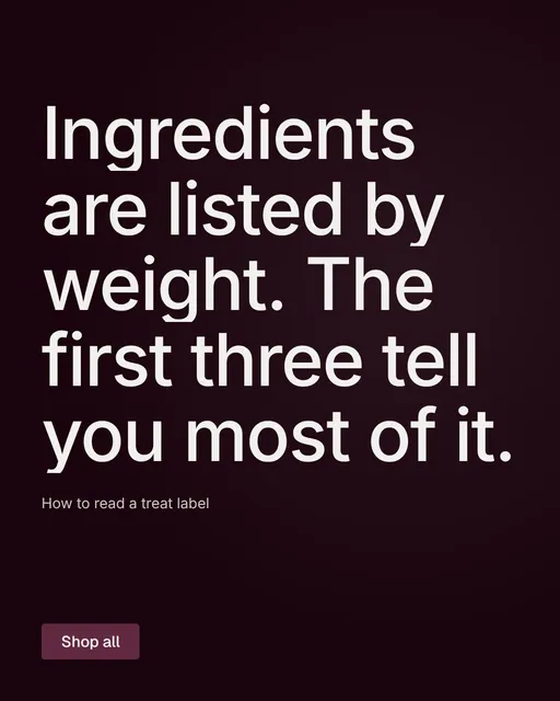 Video for By Teddy: "Ingredients are listed by weight. The first three tell you most of it.". Kinetic type grid, 7.0 s, dark palette.