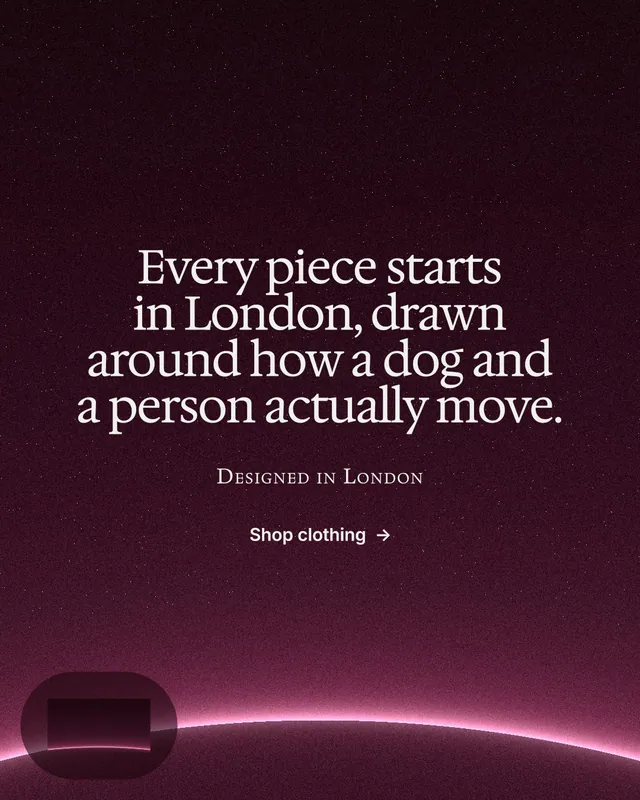 Instagram portrait post for By Teddy: "Every piece starts in London, drawn around how a dog and a person actually move." Swiss style, smallcaps layout, dark palette in pink, black.