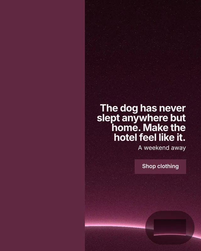 Instagram portrait post for By Teddy: "The dog has never slept anywhere but home. Make the hotel feel like it." Swiss style, right layout, dark palette in red, black, pink.