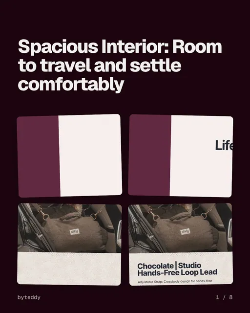 Carousel for By Teddy: "Spacious Interior: Room to travel and settle comfortably". Collection carousel, 8 slides, dark palette.