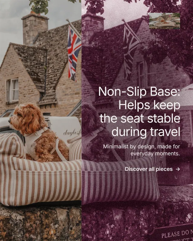 Instagram portrait post for By Teddy: "Non-Slip Base: Helps keep the seat stable during travel". Film still style, right layout, dark palette in red, grey.