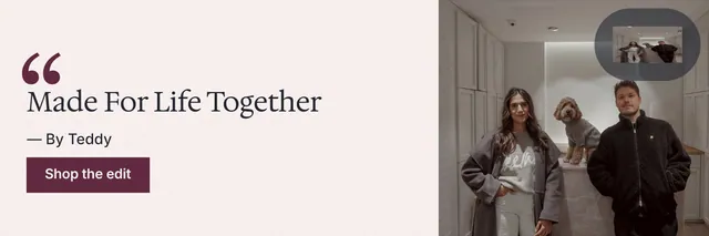 X header for By Teddy: "Made For Life Together". Swiss style, quote layout, light palette in white, grey.