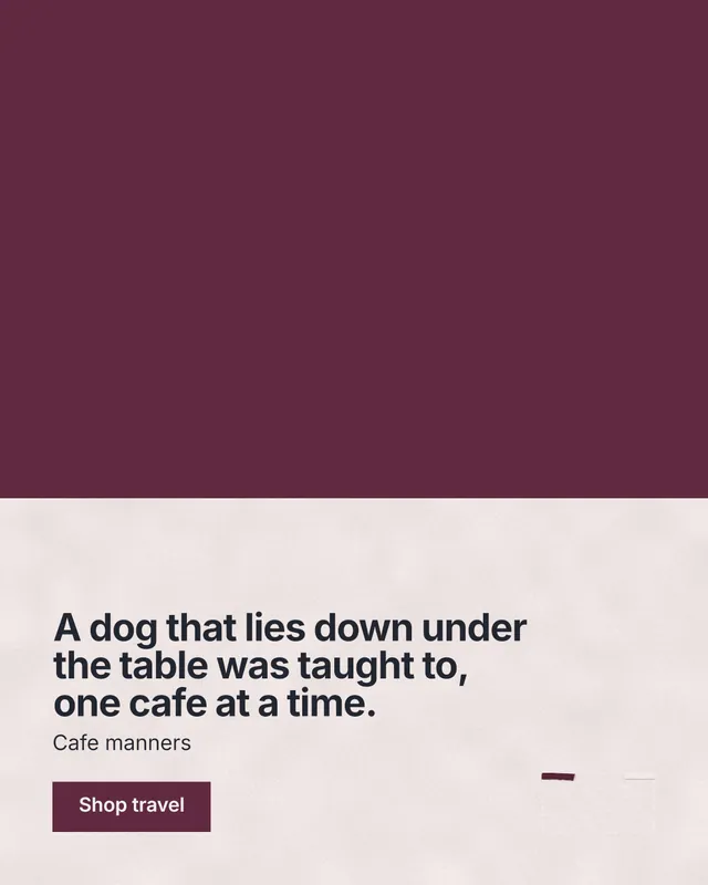 Instagram portrait post for By Teddy: "A dog that lies down under the table was taught to, one cafe at a time." Swiss style, bottom layout, light palette in red, grey.
