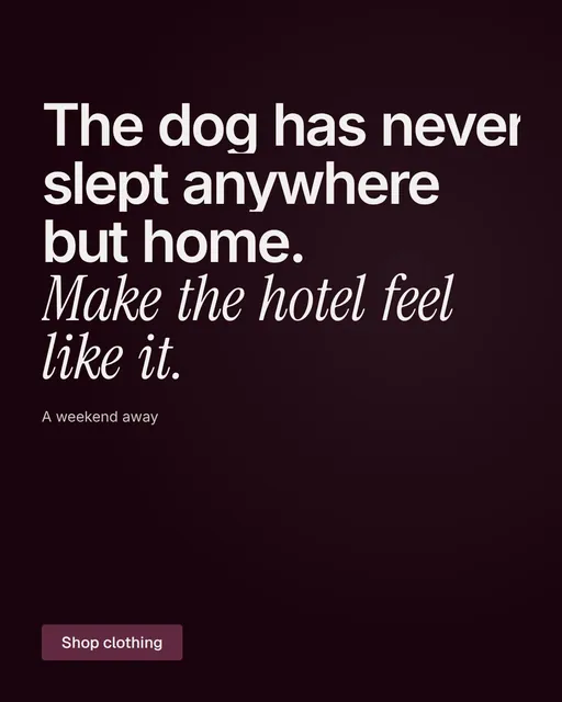 Video for By Teddy: "The dog has never slept anywhere but home. Make the hotel feel like it.". Kinetic type grid, 7.0 s, dark palette.