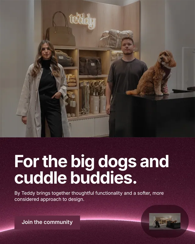 Instagram portrait post for By Teddy: "For the big dogs and cuddle buddies." Swiss style, bottom layout, dark palette in black, red, grey.