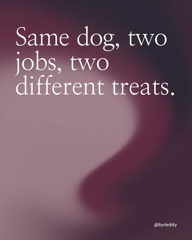 Instagram portrait post for By Teddy: "Same dog, two jobs, two different treats." Auto 4x5 style, technique:shader field layout, dark palette in grey, black, pink.