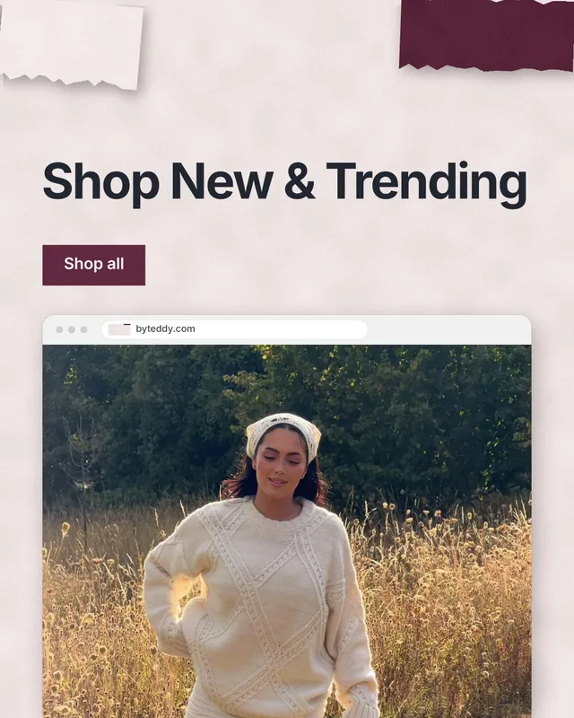 Instagram portrait post for By Teddy: "Shop New & Trending". Swiss style, browser layout, light palette in red, orange, black.