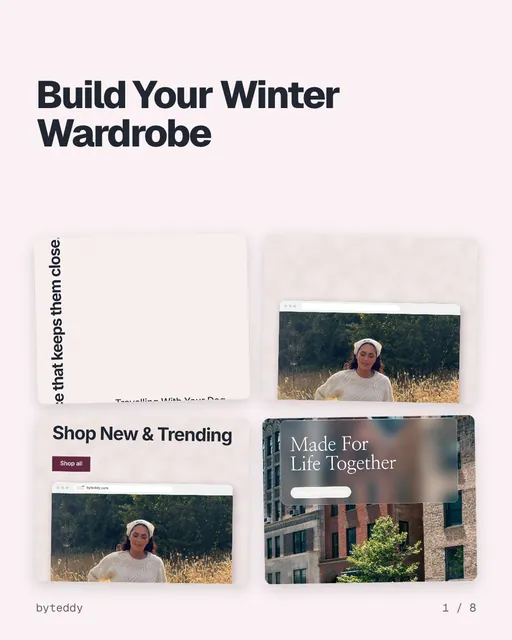 Carousel for By Teddy: "Build Your Winter Wardrobe". Collection carousel, 8 slides, light palette.