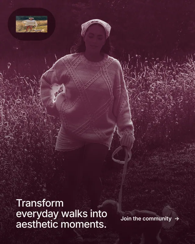 Instagram portrait post for By Teddy: "Transform everyday walks into aesthetic moments." Cyanotype style, image led layout, dark palette in pink, black, red.