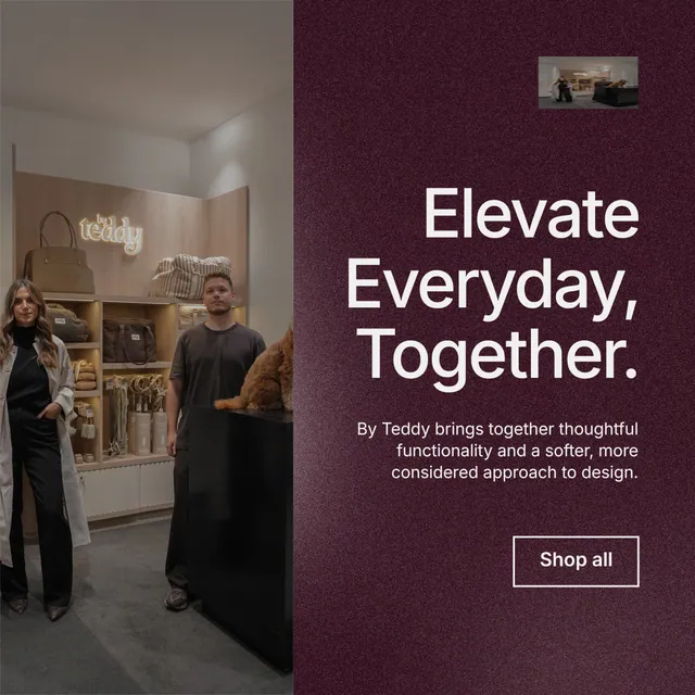 Instagram post for By Teddy: "Elevate Everyday, Together." Cyanotype style, right layout, dark palette in grey, red.