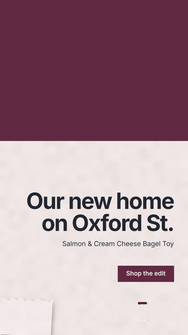 Instagram story for By Teddy: "Our new home on Oxford St." Swiss style, right layout, light palette in red, white.