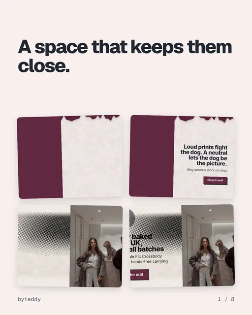 Carousel for By Teddy: "A space that keeps them close.". Collection carousel, 8 slides, light palette.
