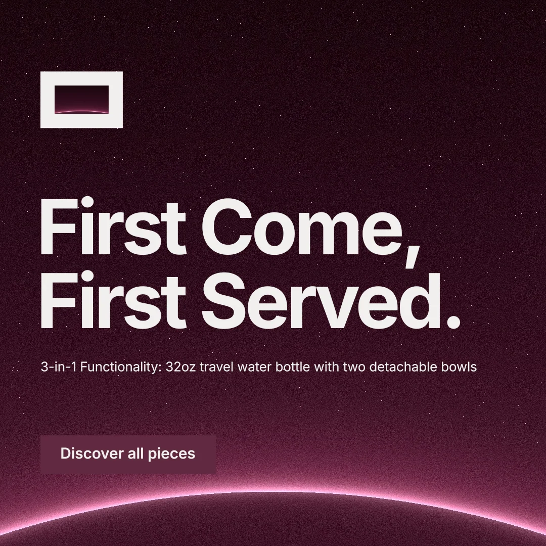 Instagram post for By Teddy: "First Come, First Served." Swiss style, announce layout, dark palette in black, pink, red.