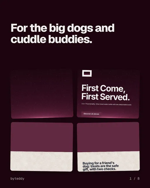 Carousel for By Teddy: "For the big dogs and cuddle buddies.". Collection carousel, 8 slides, dark palette.