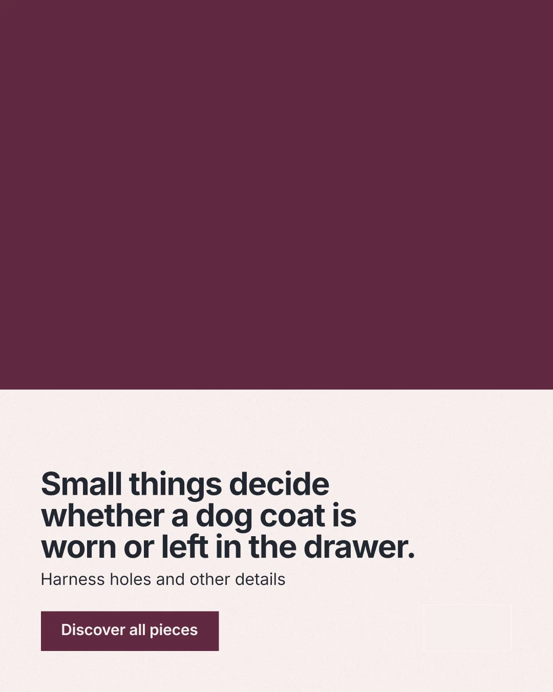 Instagram portrait post for By Teddy: "Small things decide whether a dog coat is worn or left in the drawer." Swiss style, bottom layout, light palette in red, white, grey.