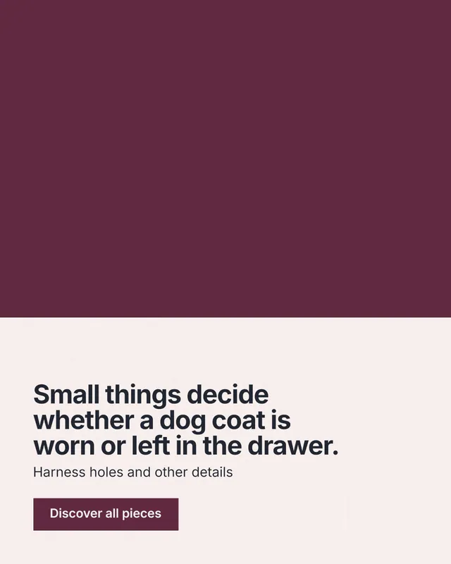 Instagram portrait post for By Teddy: "Small things decide whether a dog coat is worn or left in the drawer." Swiss style, bottom layout, light palette in red, white, grey.