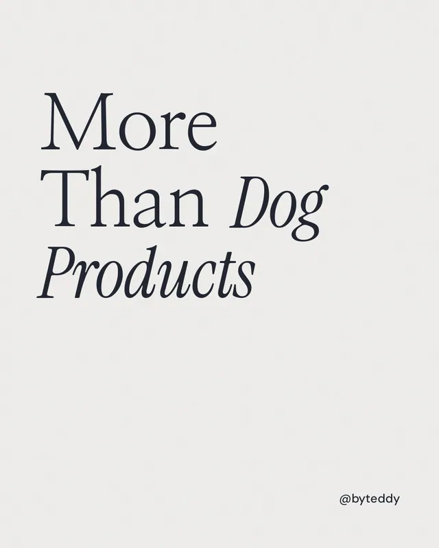 Instagram portrait post for By Teddy: "More Than Dog Products". Editorial style, technique:mixed type lockup layout, light palette in white.
