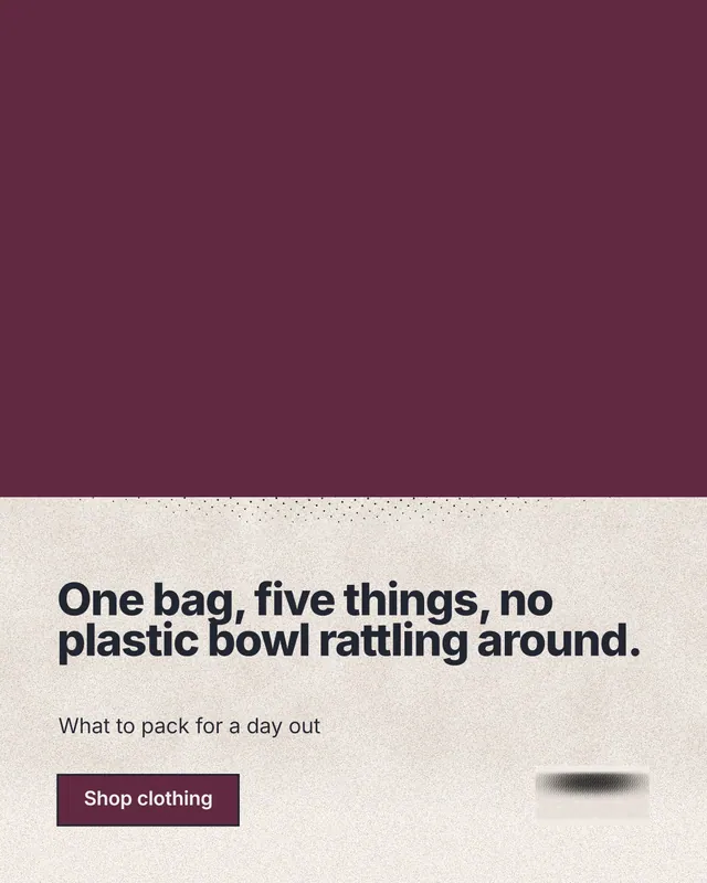 Instagram portrait post for By Teddy: "One bag, five things, no plastic bowl rattling around." Ink sticker style, bottom layout, light palette in red, orange.