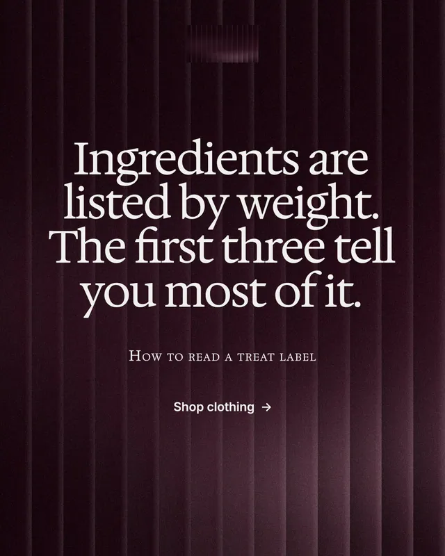 Instagram portrait post for By Teddy: "Ingredients are listed by weight. The first three tell you most of it." Swiss style, smallcaps layout, dark palette in black, red, grey.