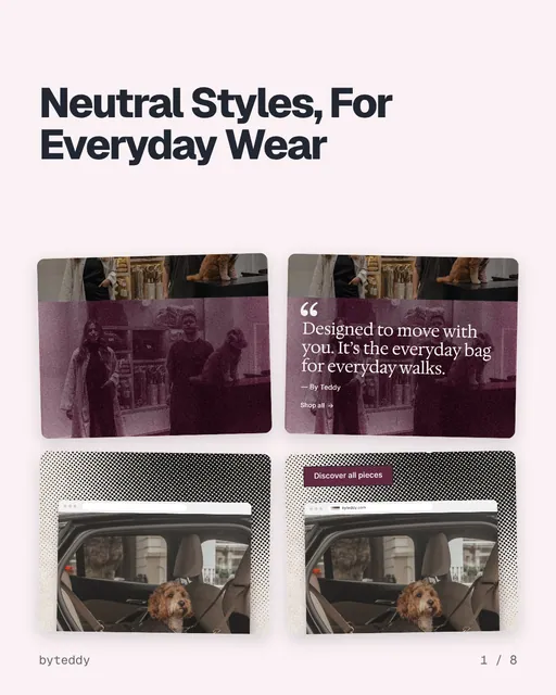 Carousel for By Teddy: "Neutral Styles, For Everyday Wear". Collection carousel, 8 slides, light palette.
