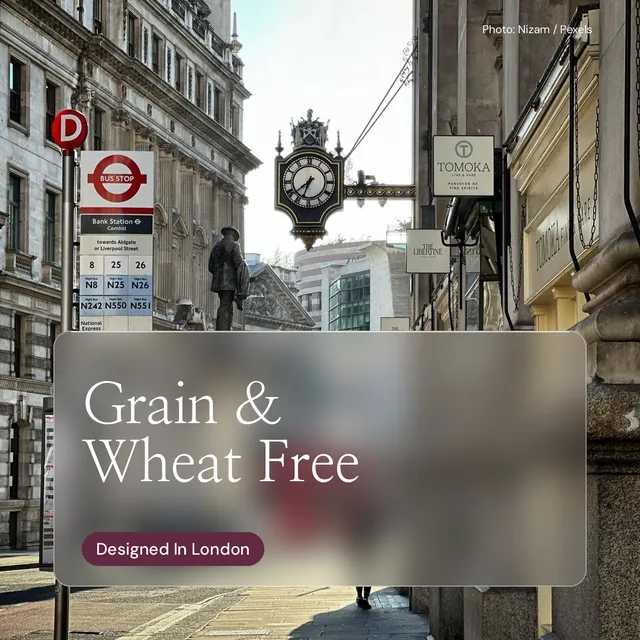 Instagram post for By Teddy: "Grain & Wheat Free". Glass style, technique:pexels ingredient layout, light palette in grey, white.