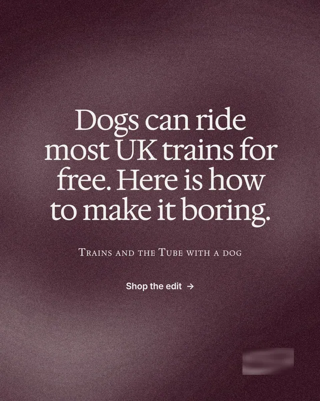 Instagram portrait post for By Teddy: "Dogs can ride most UK trains for free. Here is how to make it boring." Cyanotype style, smallcaps layout, dark palette in red, grey.