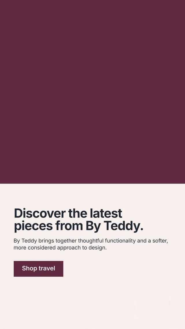 Instagram story for By Teddy: "Discover the latest pieces from By Teddy." Swiss style, bottom layout, light palette in red, white, grey.