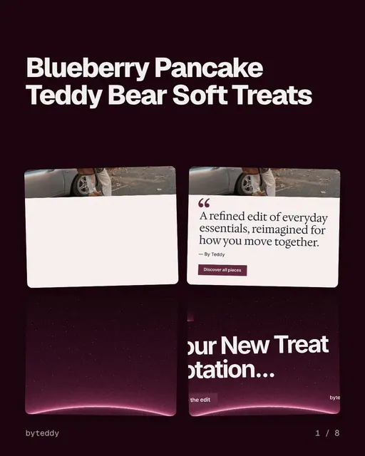 Carousel for By Teddy: "Blueberry Pancake Teddy Bear Soft Treats". Collection carousel, 8 slides, dark palette.