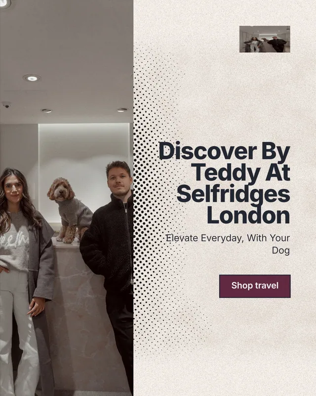 Instagram portrait post for By Teddy: "Discover By Teddy At Selfridges London". Ink sticker style, right layout, light palette in grey, orange, white.