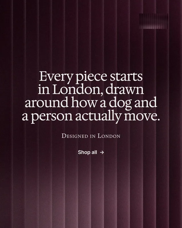 Instagram portrait post for By Teddy: "Every piece starts in London, drawn around how a dog and a person actually move." Swiss style, smallcaps layout, dark palette in pink, grey, red.
