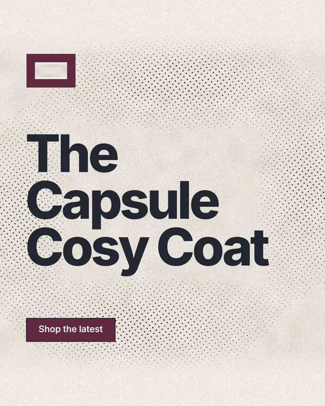 Instagram portrait post for By Teddy: "The Capsule Cosy Coat". Ink sticker style, announce layout, light palette in white, orange, grey.