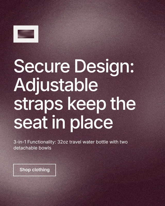 Instagram portrait post for By Teddy: "Secure Design: Adjustable straps keep the seat in place". Cyanotype style, announce layout, dark palette in grey, red.