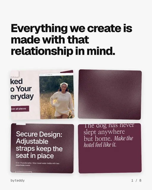 Carousel for By Teddy: "Everything we create is made with that relationship in mind.". Collection carousel, 8 slides, light palette.