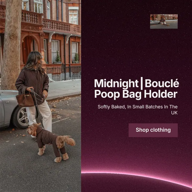 Instagram post for By Teddy: "Midnight┃Bouclé Poop Bag Holder". Swiss style, right layout, dark palette in black, red, grey.