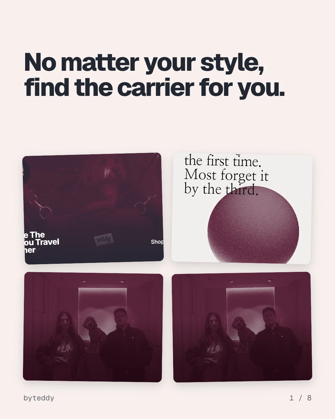 Carousel for By Teddy: "No matter your style, find the carrier for you.". Collection carousel, 8 slides, light palette.
