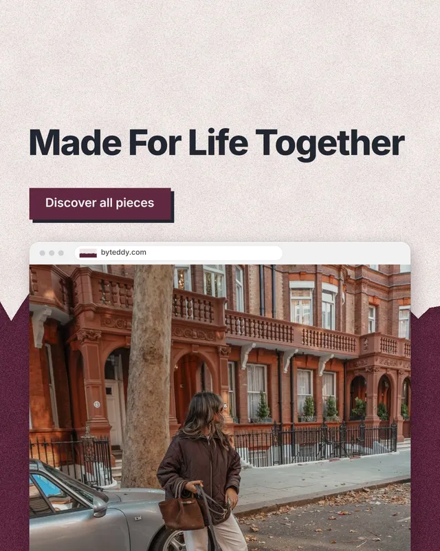 Instagram portrait post for By Teddy: "Made For Life Together". Paper trio style, browser layout, light palette in orange, grey, red.