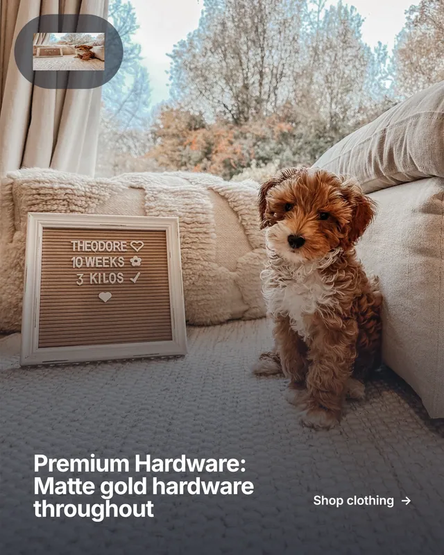 Instagram portrait post for By Teddy: "Premium Hardware: Matte gold hardware throughout". Swiss style, image led layout, light palette in grey, white.