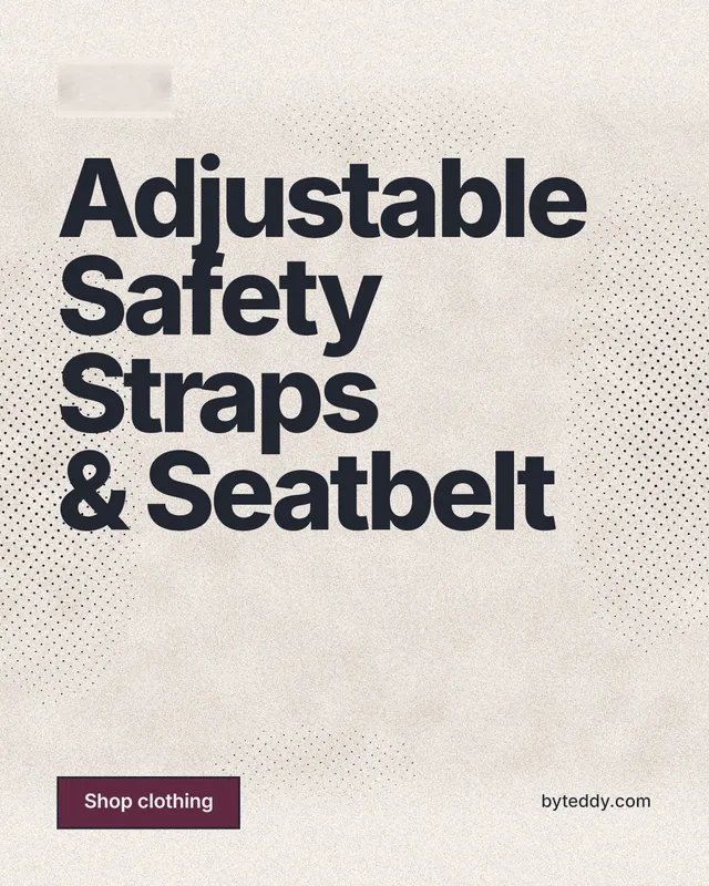Instagram portrait post for By Teddy: "Adjustable Safety Straps & Seatbelt". Ink sticker style, poster layout, light palette in orange, grey.